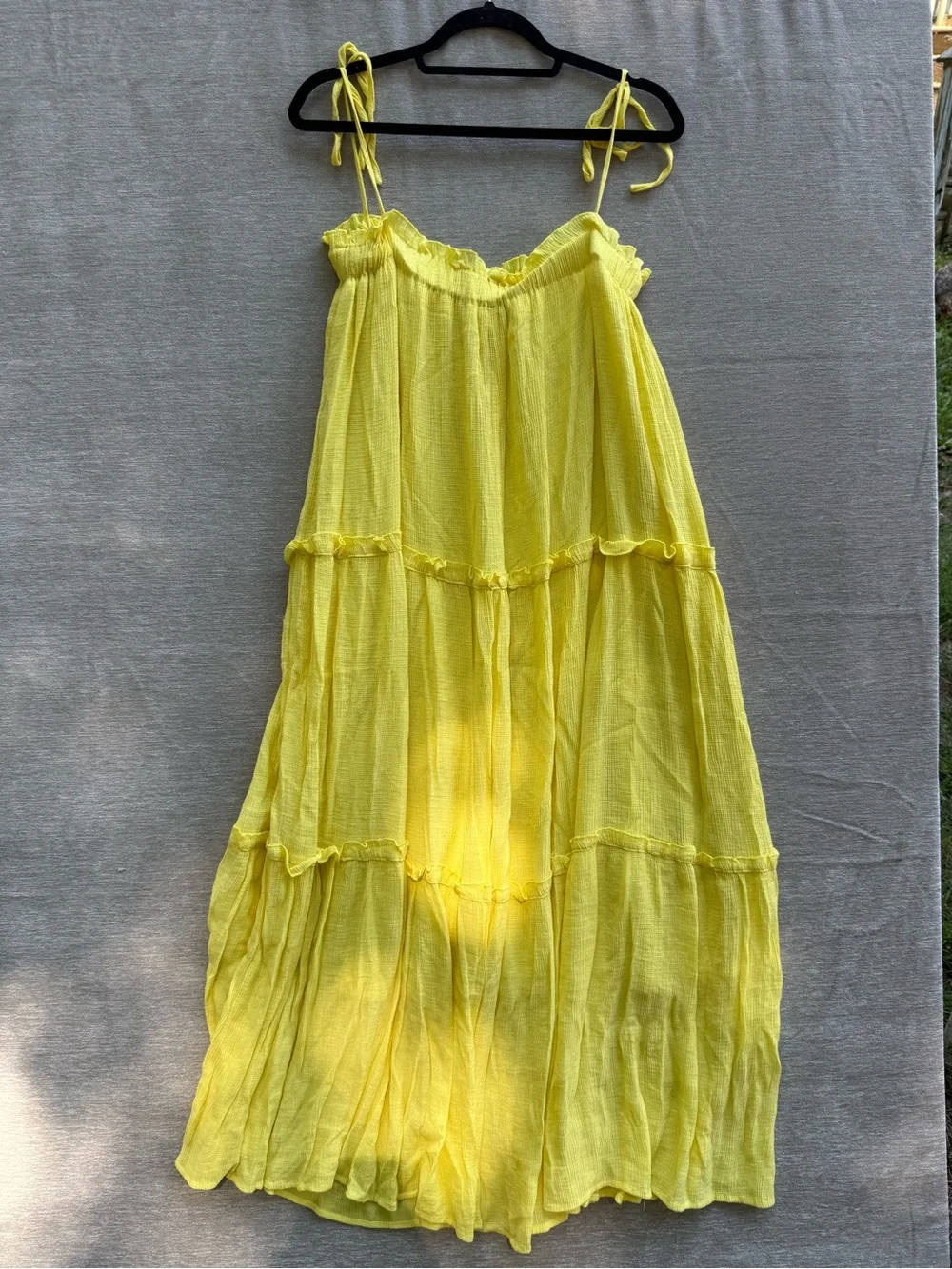 Impressions Yellow Tiered Tie Strap Midi Dress Ruffle Smocked Boho Size Medium